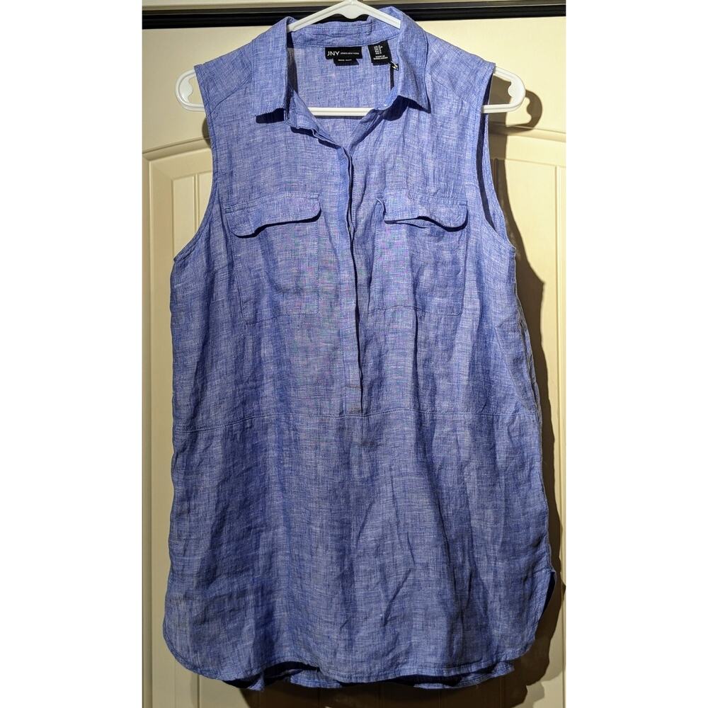 NWT JNY Jones New York 100% Linen Sleeveless Pocket Button Front Blouse Sz S